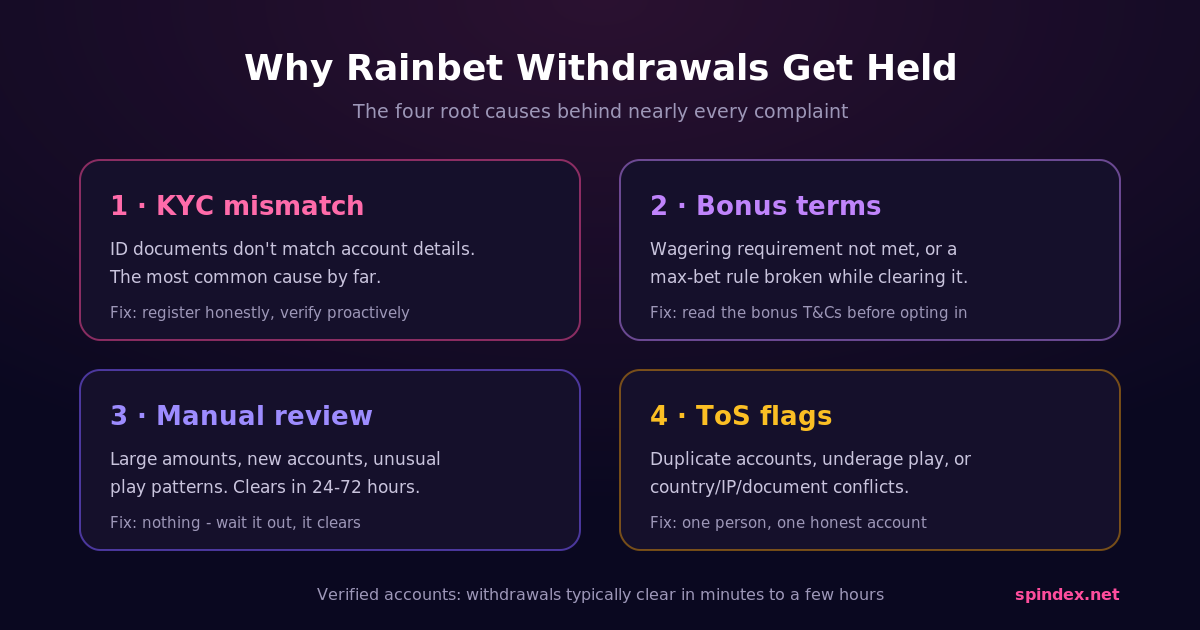 Why Rainbet withdrawals get held: KYC mismatch, bonus terms, manual review, and terms of service flags